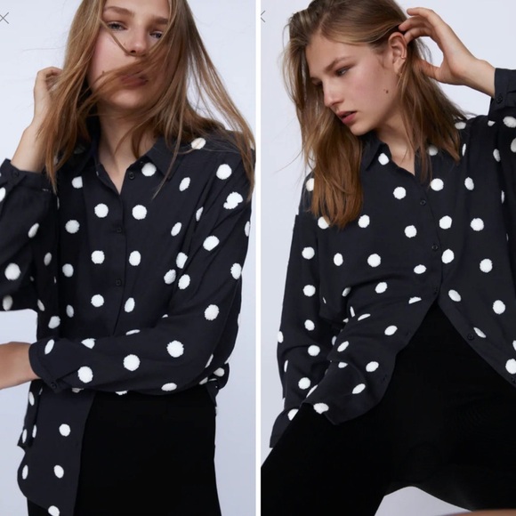 Zara Textured Polka Dot Pom Pom Button Down Shirt Blouse White Black Size XS - Picture 1 of 9